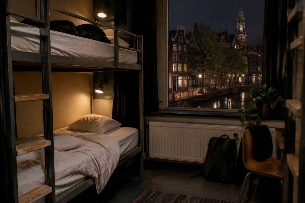 A hostel dorm room interior with bunk beds and personal reading lights